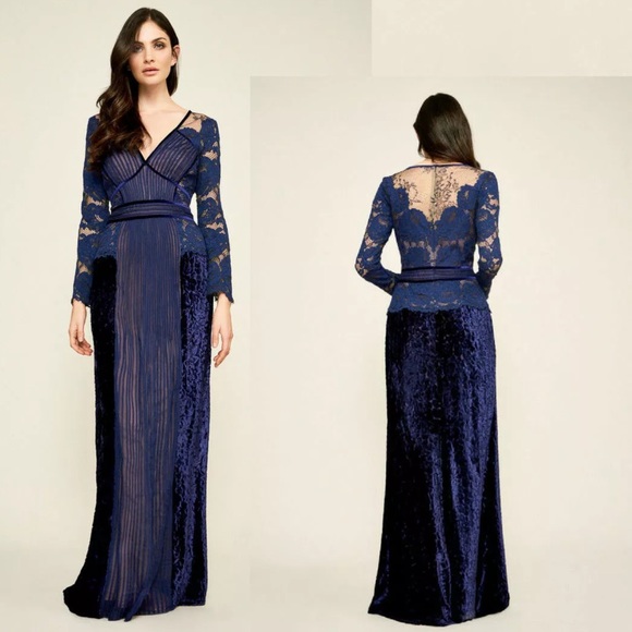 tadashi shoji navy blue lace gown
